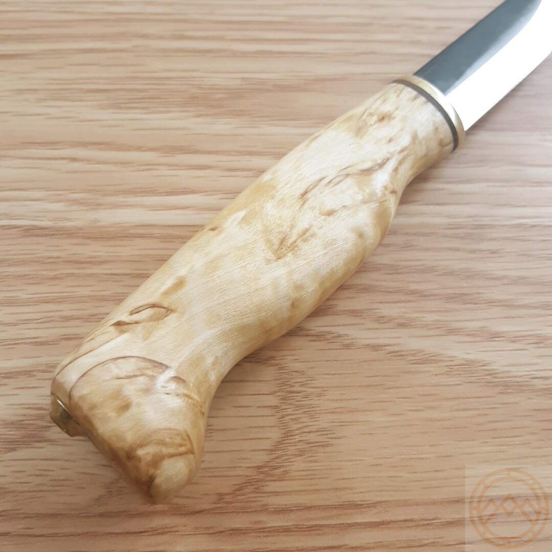 Wood Jewel Knife 3″ Carbon Steel Blade Curly Birch Handle w/Brown Leather Sheath
