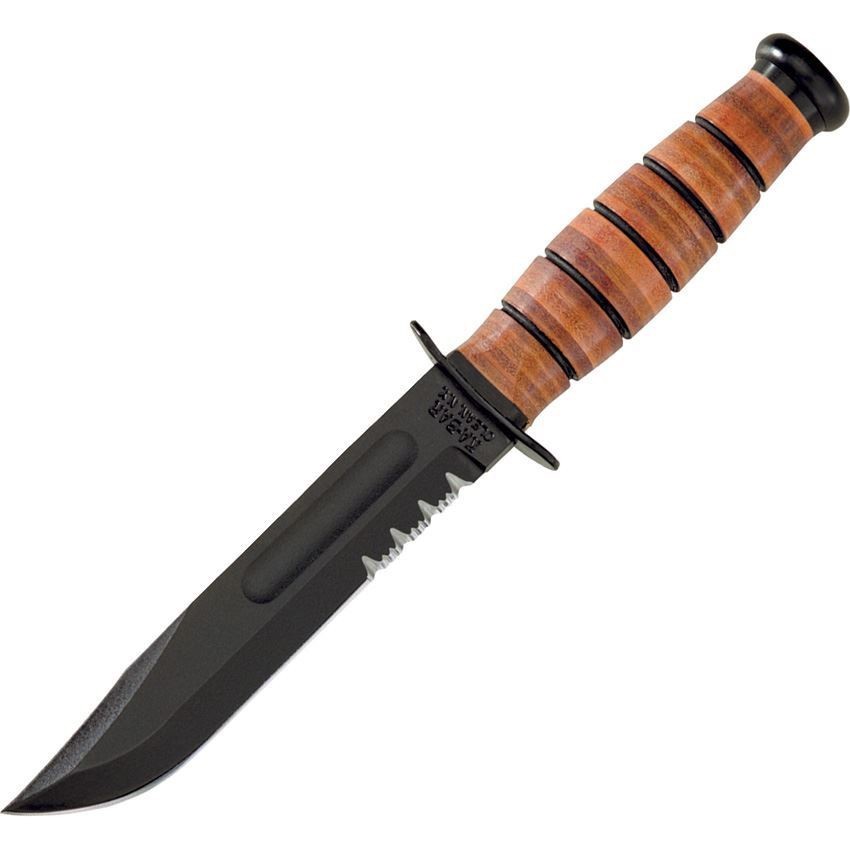 KA-BAR US Army 7″ Fixed Blade Knife, Serrated Leather Handle, Brown Sheath #1219