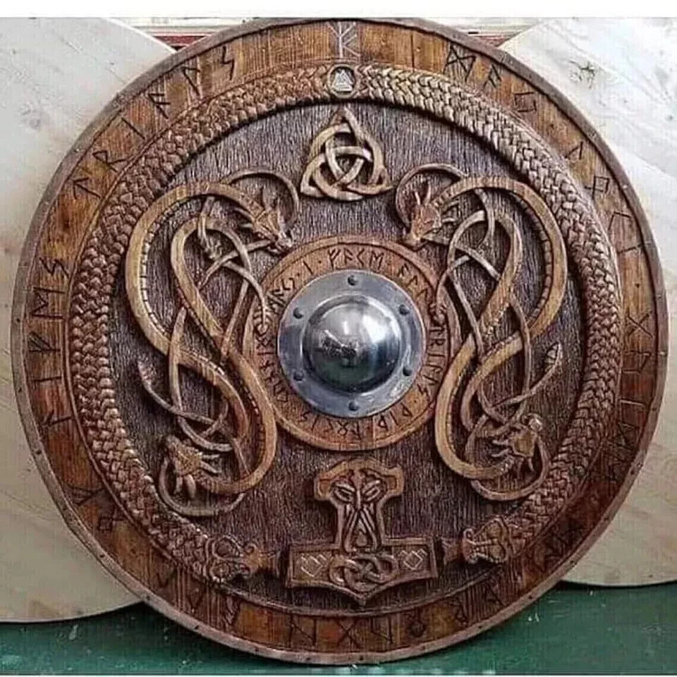 24» Medieval Wooden Norse Carving Round Viking Shield Celtic Ornament Battle