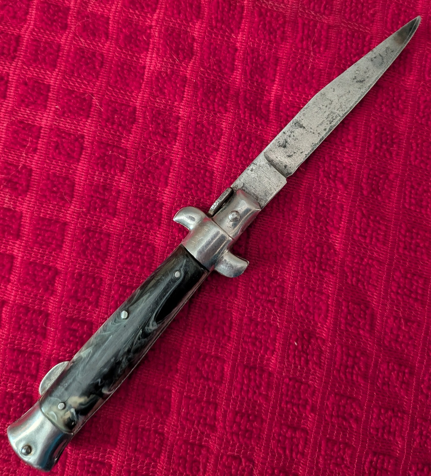 Italian Stiletto Manual Folding Lock Back Knife Horn Faux Pearl C1 Italy 7″