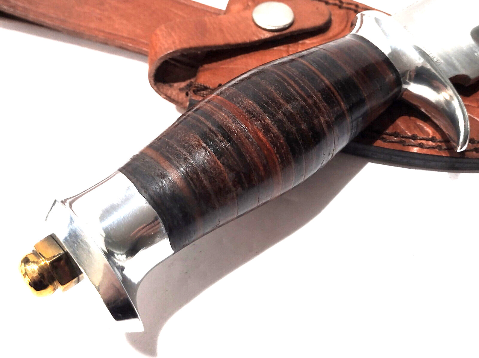 Rough Ryder Stacked Leather Handle Bowie Fixed Blade Skinning Hunting Knife
