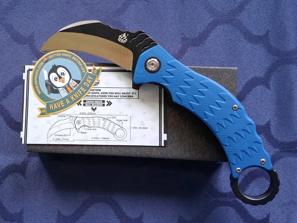 🔥 QSP – Eagle Karambit Flipper Knife w/Blue G10 Handle & D2 Blade (QS120)