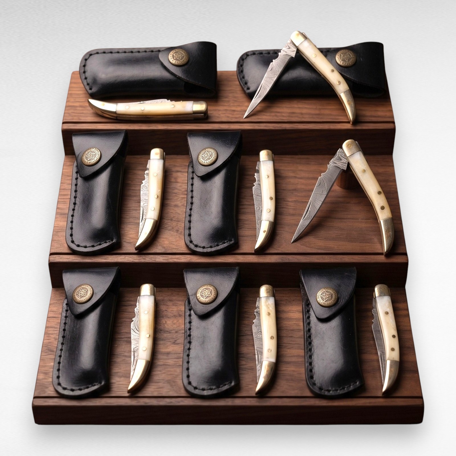 Wholesale Lot 8 Damascus Pocket Knives Camel Bone Gentleman Folder With Sheath