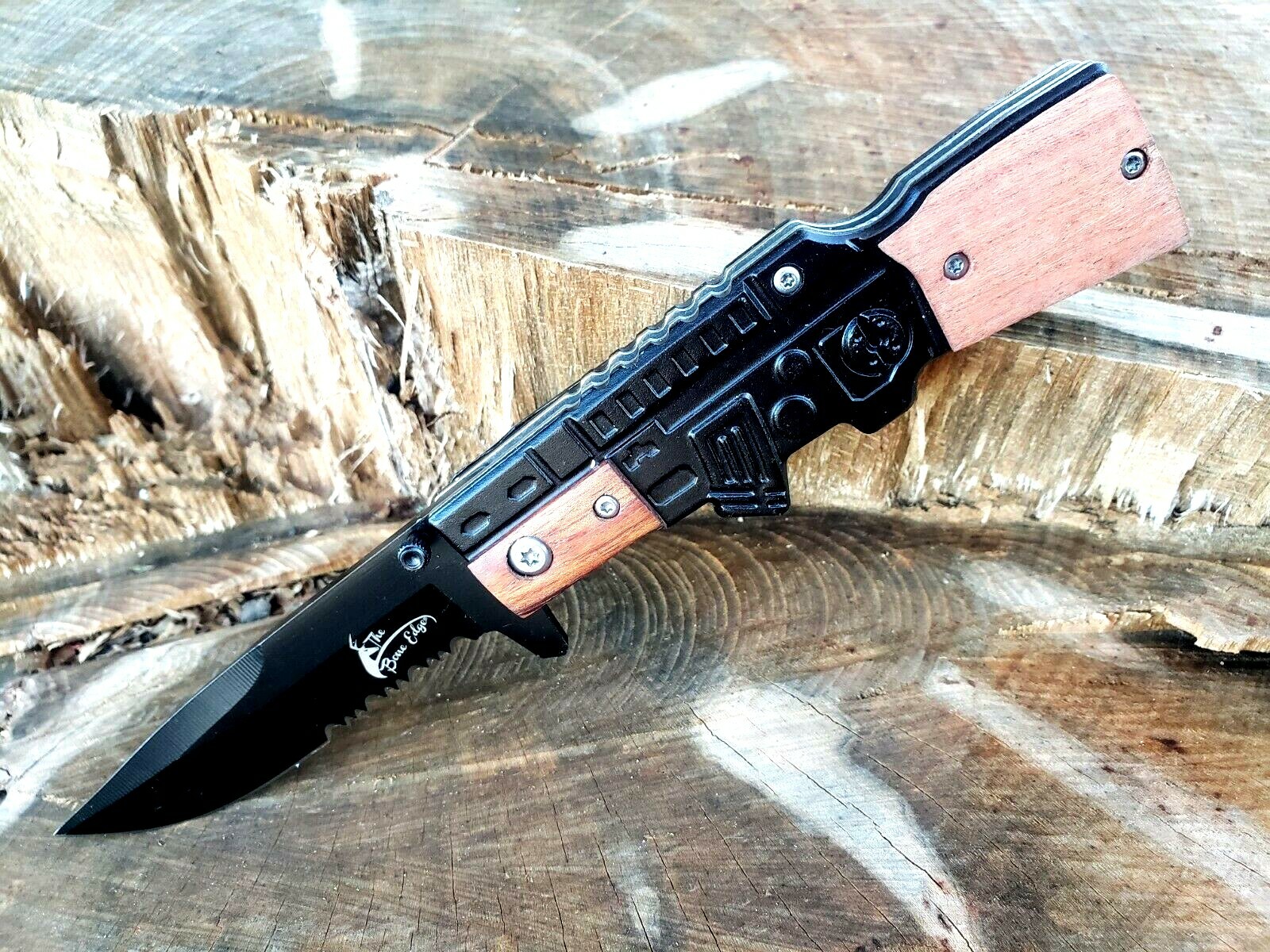 Machine Gun Serrated Pocket Knife Thumb Stud Legal EDC Navy Marines US Seller👀