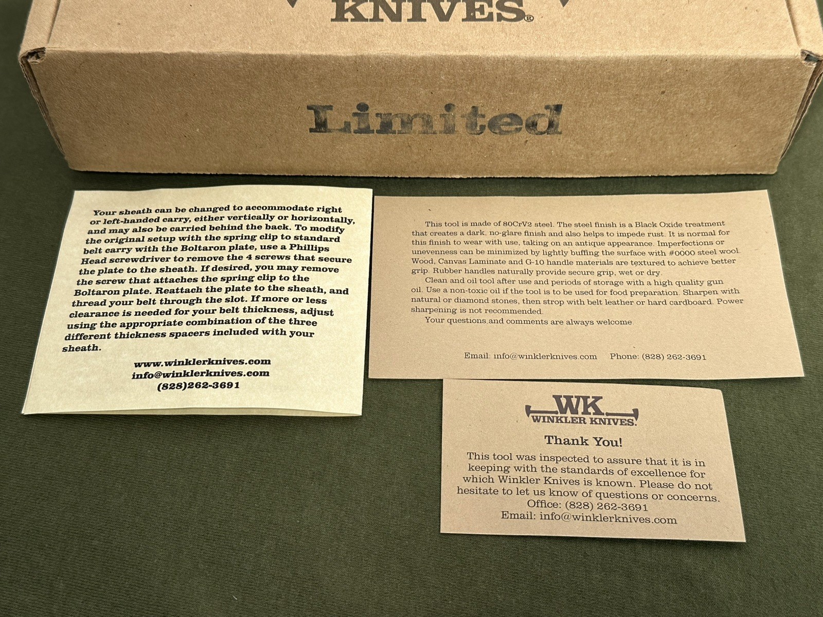 Winkler Knives Limited Edition Blue Ridge Crusher Knife with White Oak Scales