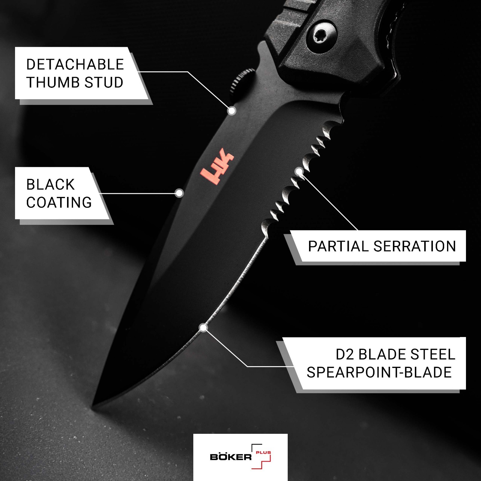Heckler & Koch SFP Tactical Folder All Black Pocket Knife 3.62″ D2 ✔️ 01HK501
