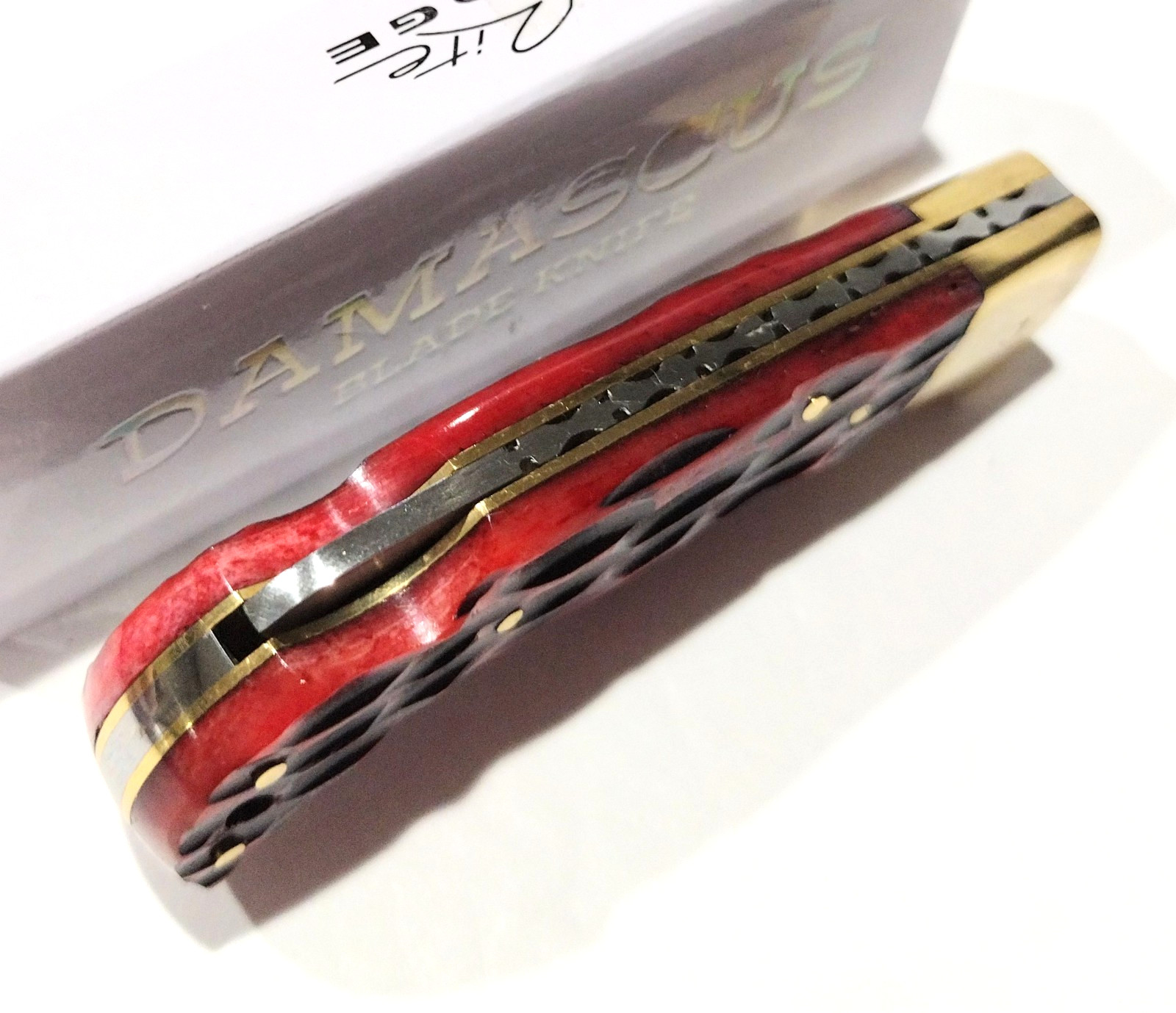 RITE-EDGE Red Jigged Bone Damascus Steel Clip Point Locback Folding Pocket Knife