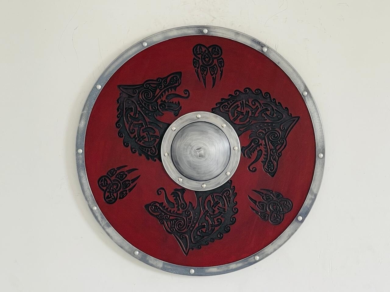 Red Warrior Carved Viking Shield: Handcrafted/Carved 24-Inch Wood and Metal