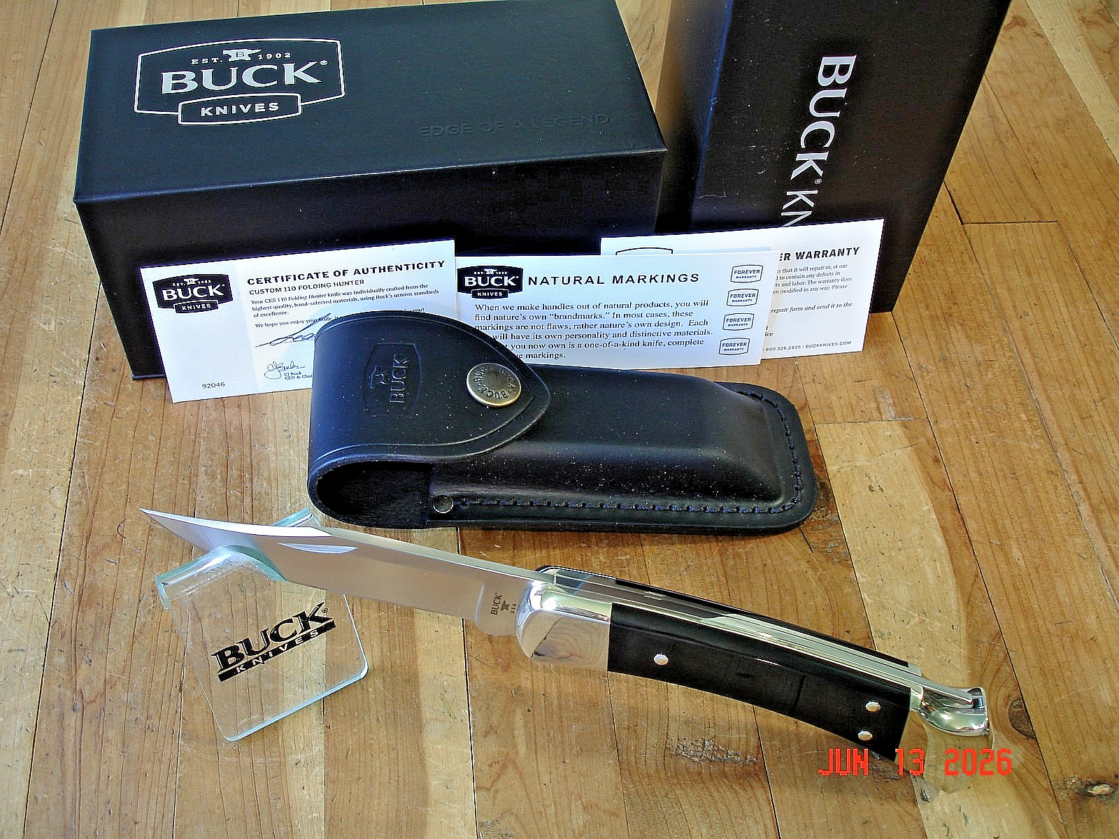 NIB BUCK KNIFE 110 HUNTER BOS MAGNACUT BLADE BLACK BUFFALO HANDLE NICKEL SILVER
