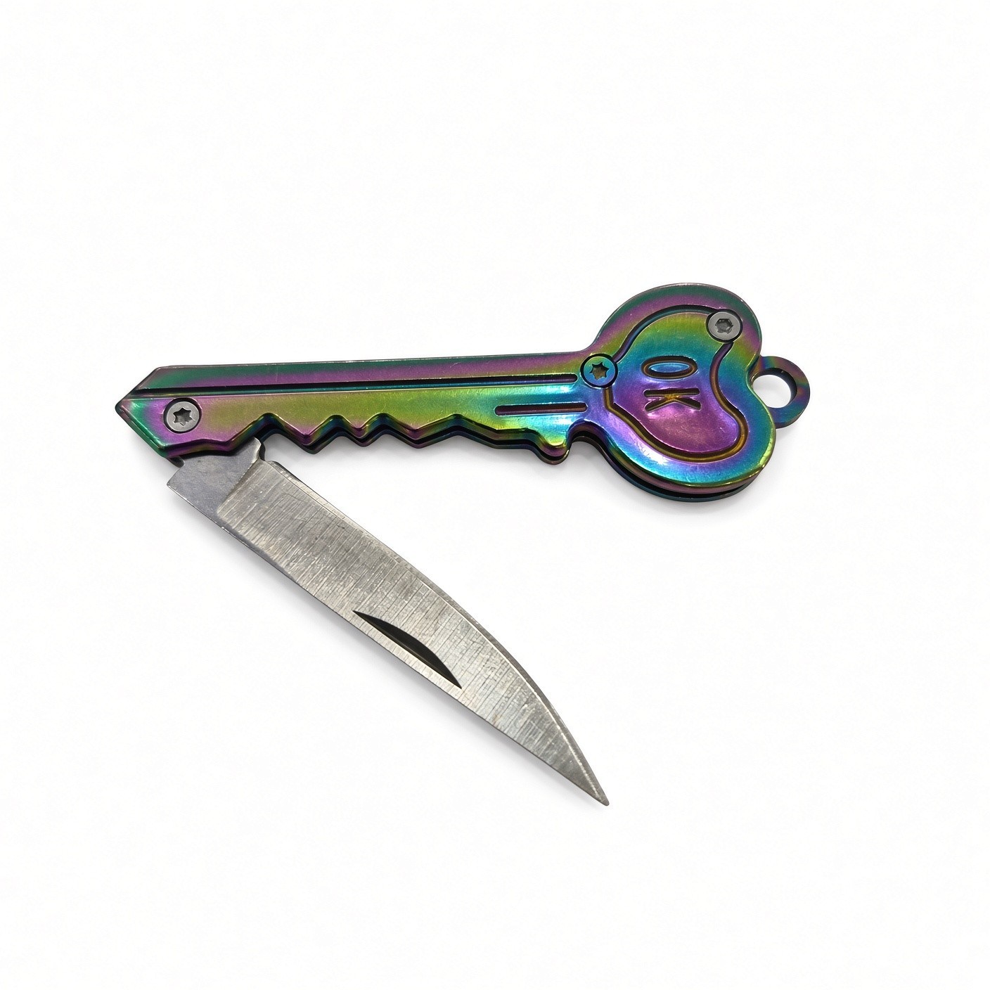 Rainbow Key Folding Knife – Novelty Pocket Knife with OK Design, ~5.5″ Open