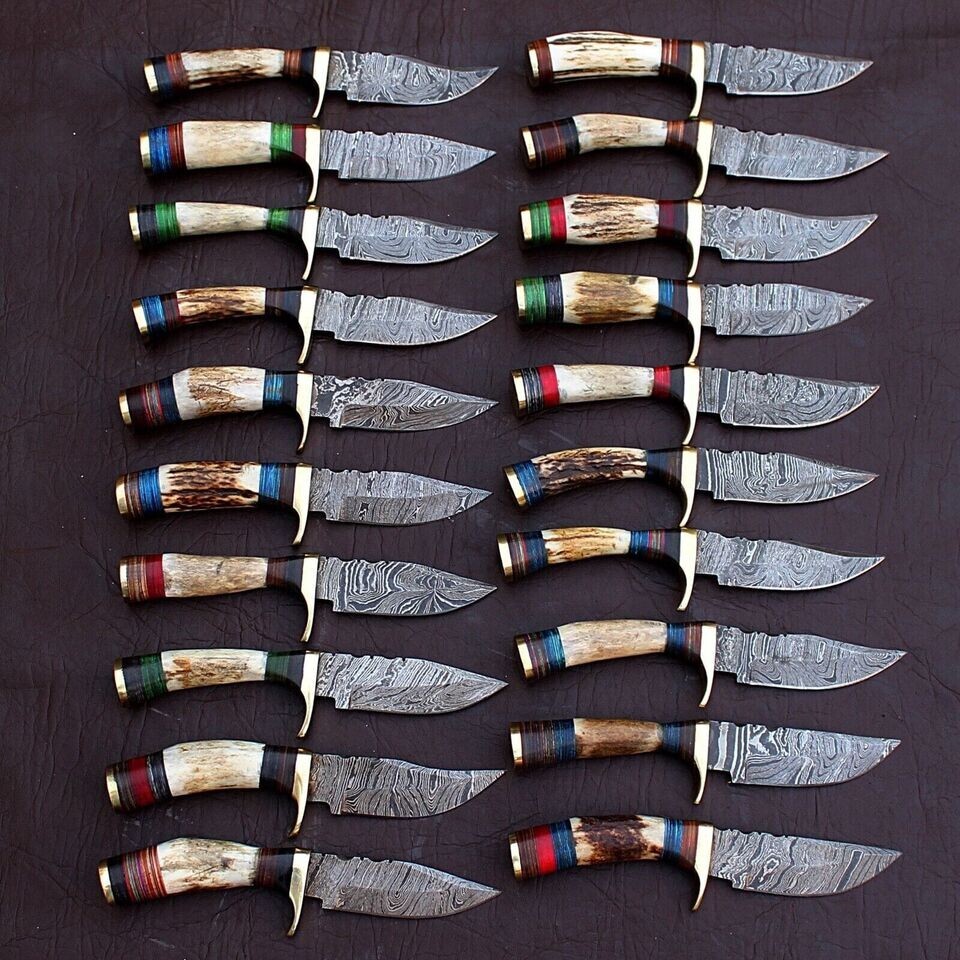 LOT OF 20, 6 inches Handmade Damascus Steel Skinner Knives in Stag horn W/Sheath