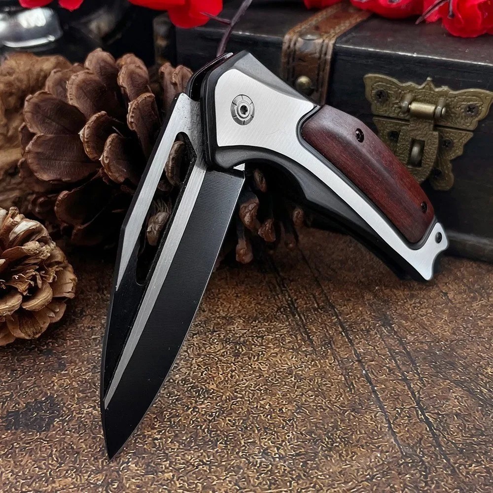 8.2”Wood Black Tactical Spring Assisted Open Blade Folding Pocket Knife Hunting