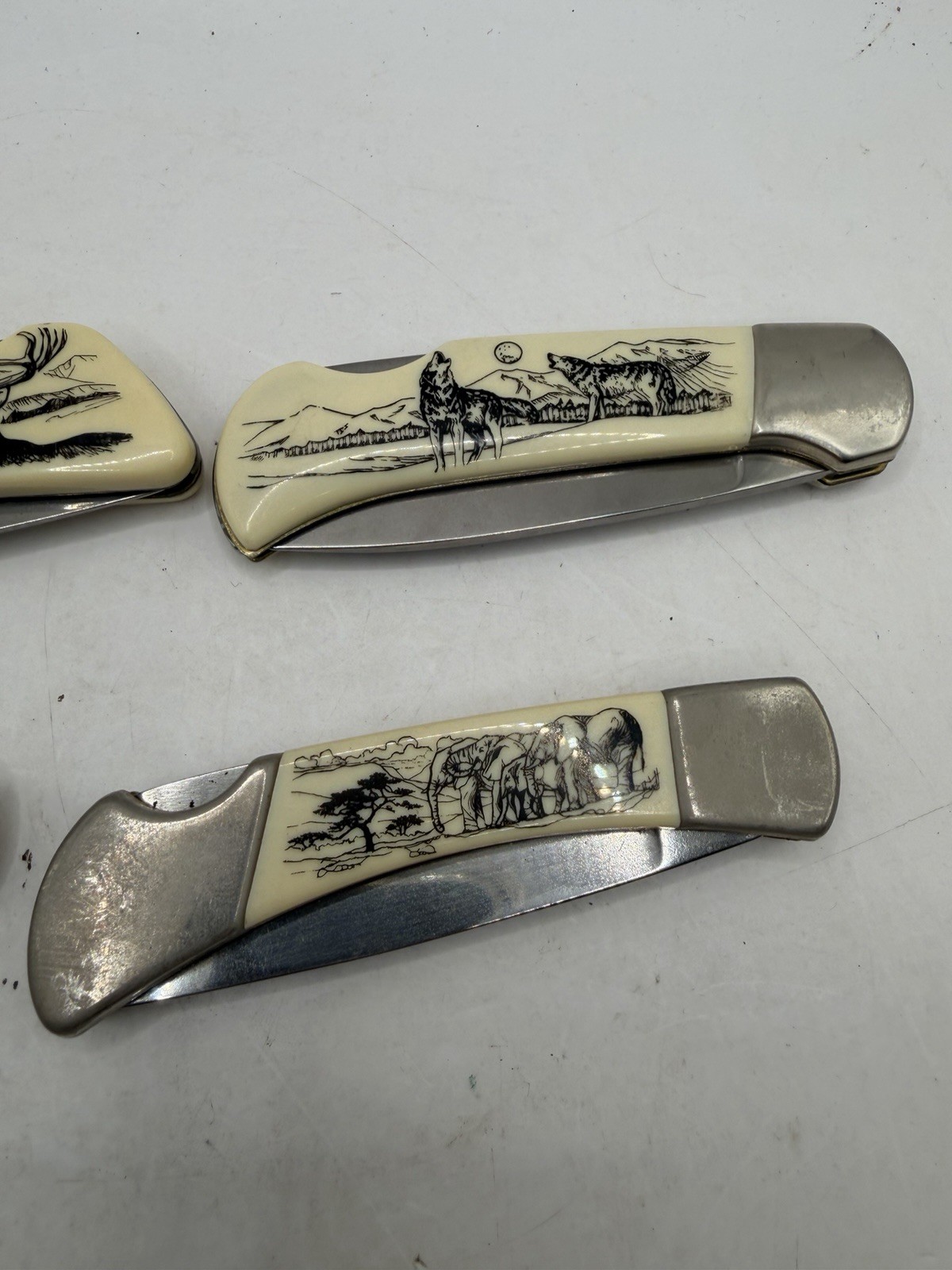 Sabre SCRIMSHAW Folding Knife «Outdoor Collection» Stainless China Lot of 4
