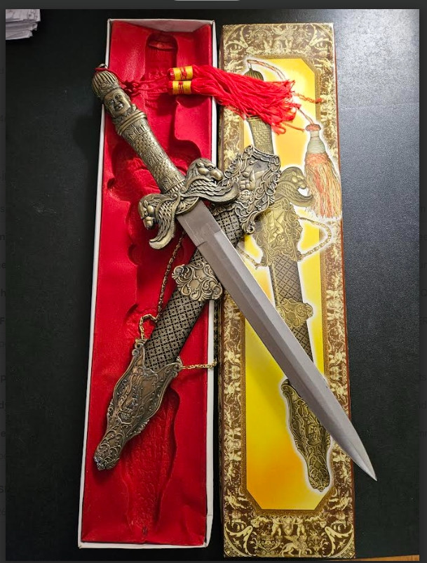 Long Buddha Dagger with Blood Groove, Sheath w/Chains and Red Tassle HK2588
