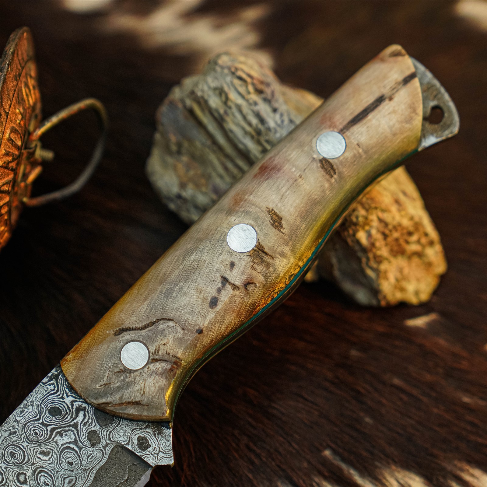 8.7″ Damascus Camping EDC Knife Full Tang Wood Handle Fix Blade + Sheath