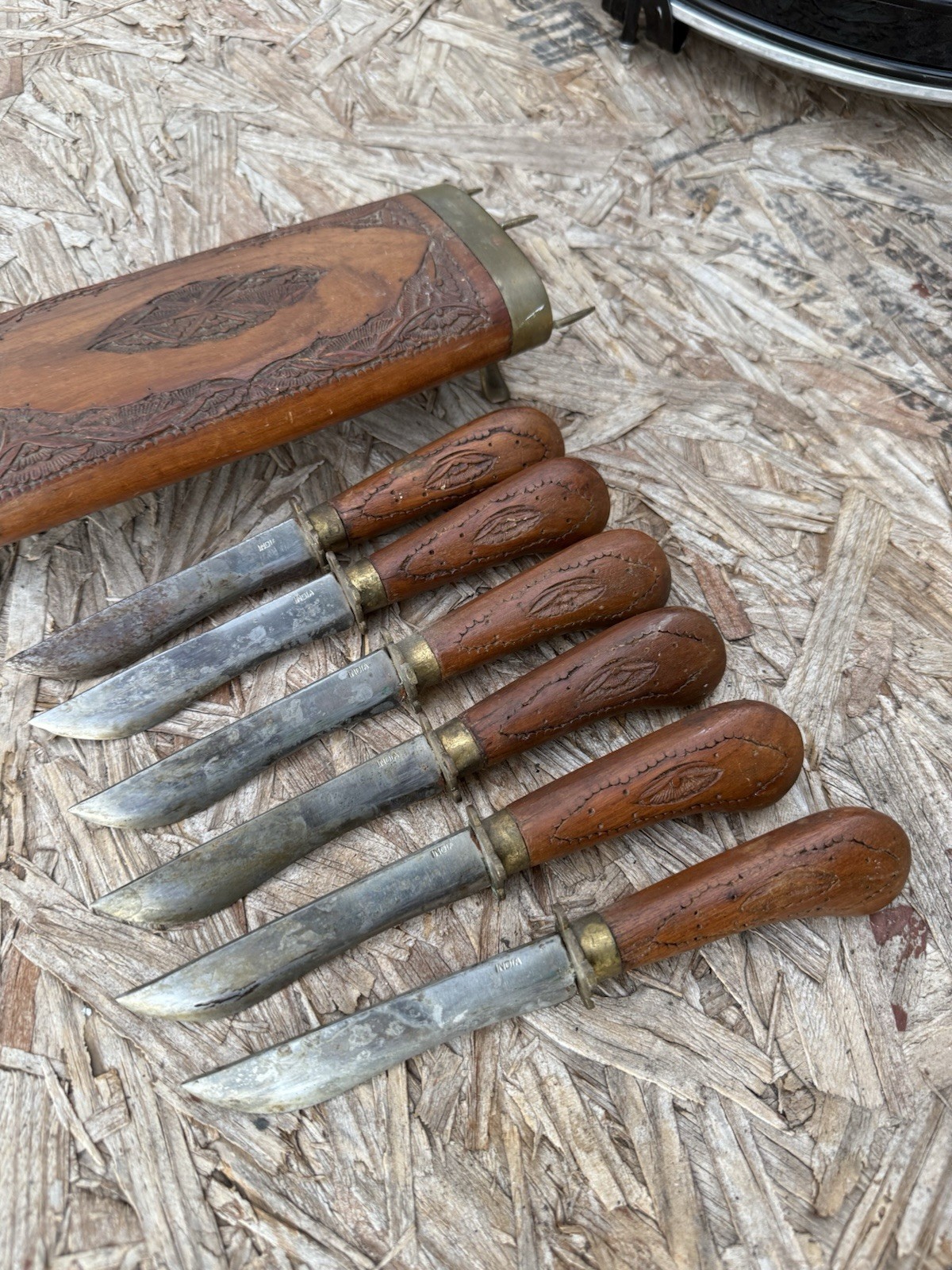 Vintage Ornate Brass And Wood Hand Crafted Knife Block 6 Knifes Made In India
