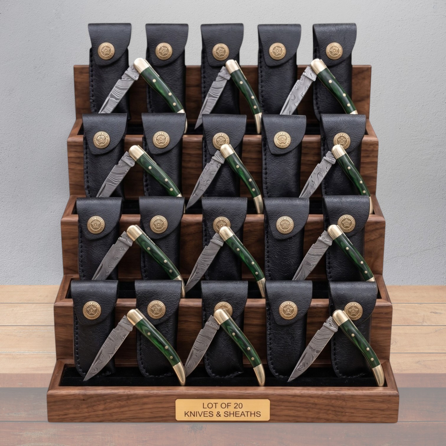Lot 20 Damascus Pocket Knives Green Wood Brass Slipjoint Folding Knives & Sheath