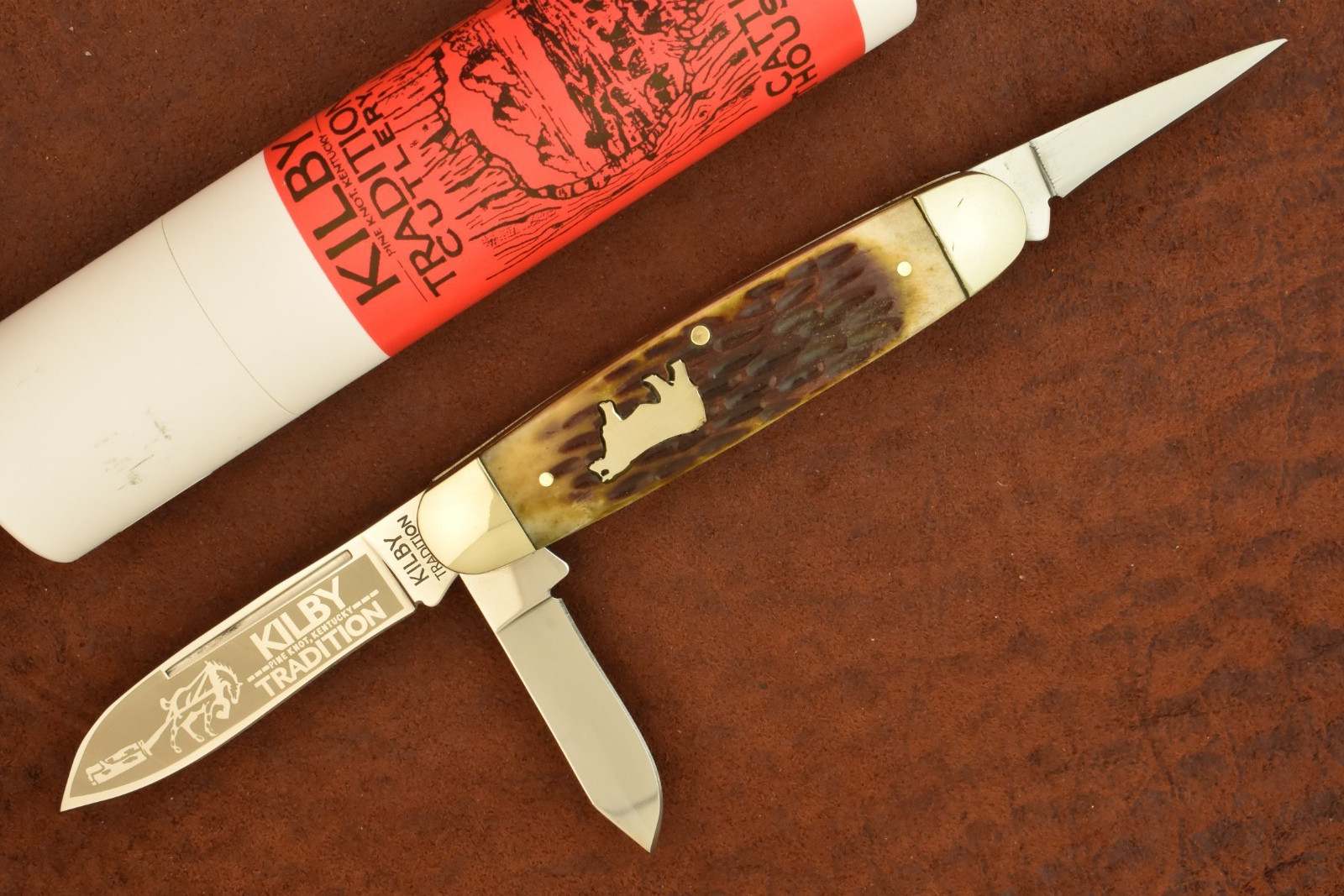KILBY TRADITION PINE KNOT KY ANTIQUE BONE CATTLE OF A THOUSAND HILLS STOCK KNIFE