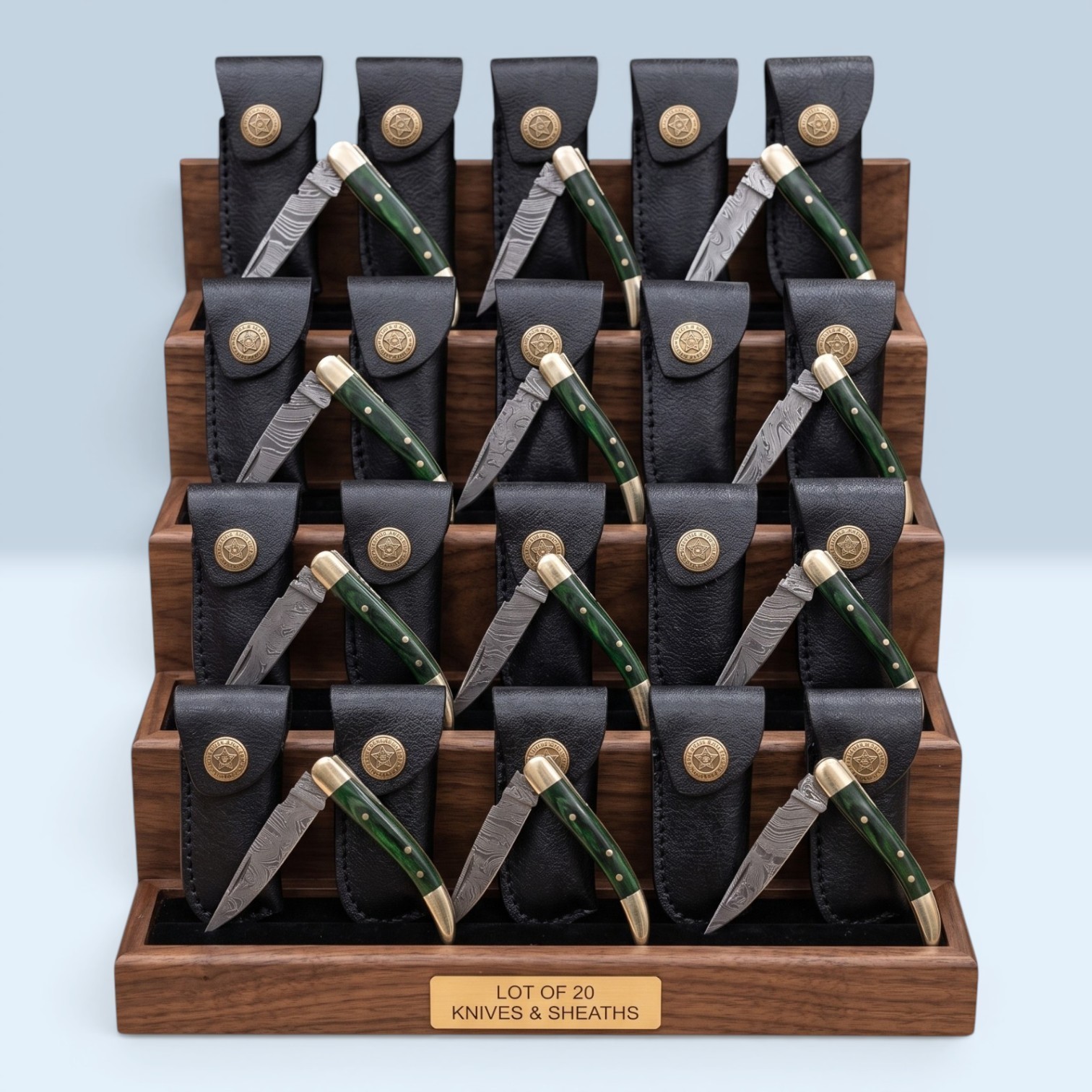 Lot 20 Damascus Pocket Knives Green Wood Brass Slipjoint Folding Knives & Sheath