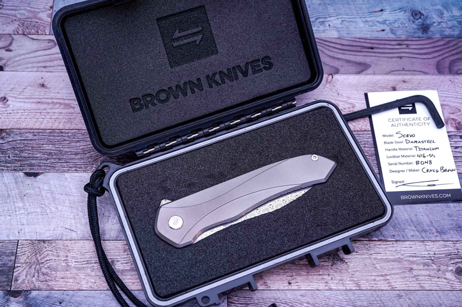 Brown Knives Servo, Damasteel Blade, Milled Ti Handle Scales, #048, Craig Brown