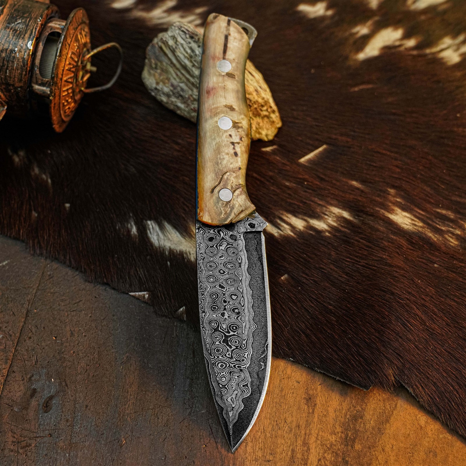 8.7″ Damascus Camping EDC Knife Full Tang Wood Handle Fix Blade + Sheath