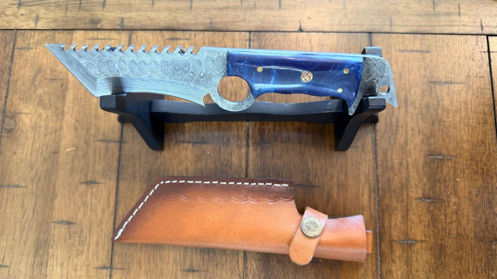 8″ HANDMADE CUSTOM DAMASCUS RESIN HANDLE TANTO KNIFE W/ MOSAIC PIN & SHEATH